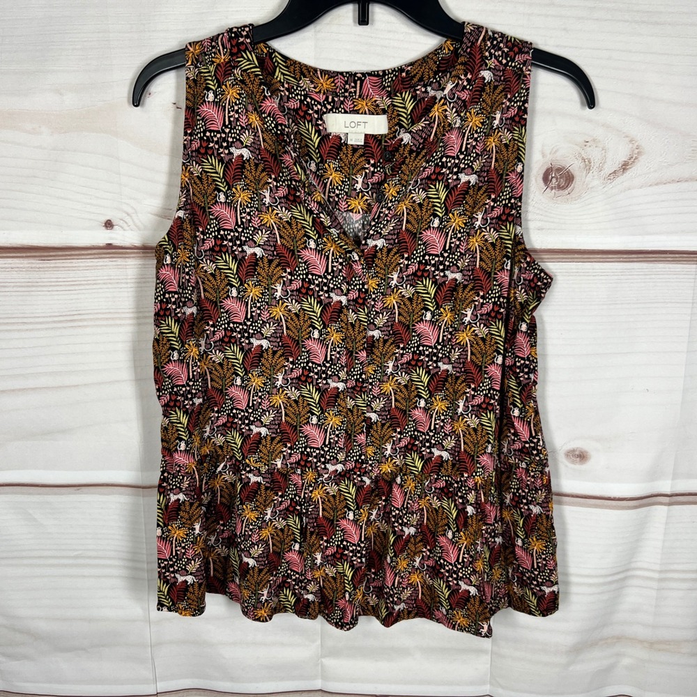 LOFT Peplum Tank Top Women Medium Black Tropical Jungle Leopard Sleeveless Woven